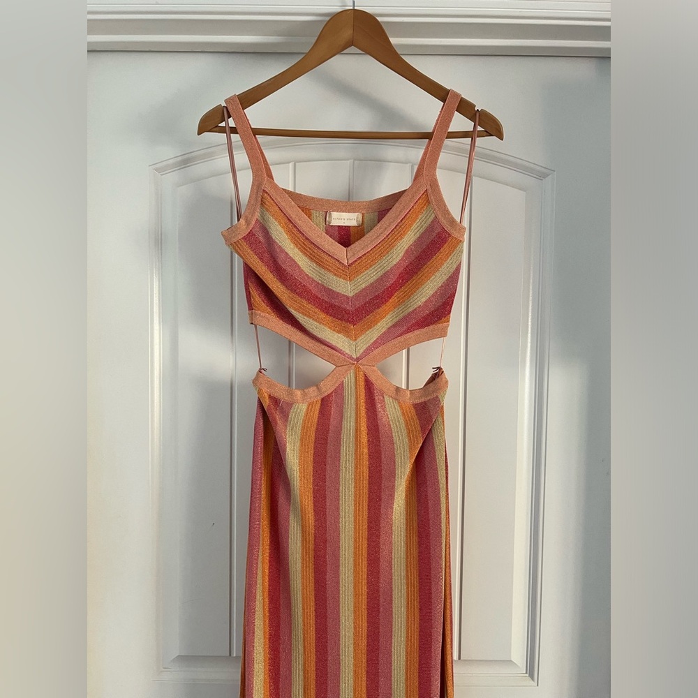 NWOT Altar’d State Avery Striped Multicolor Sunrise Bodycon Cutout Midi Dress